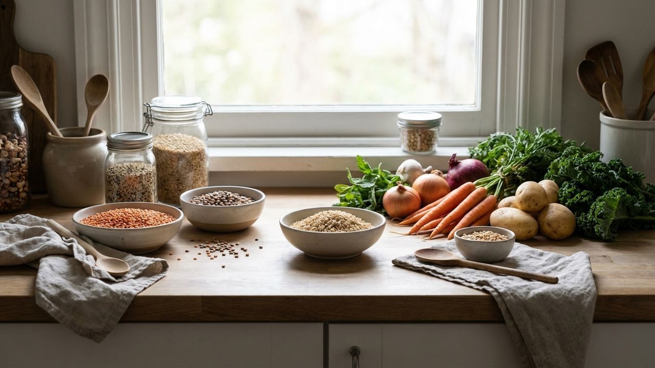 Légumes et féculents sur une table