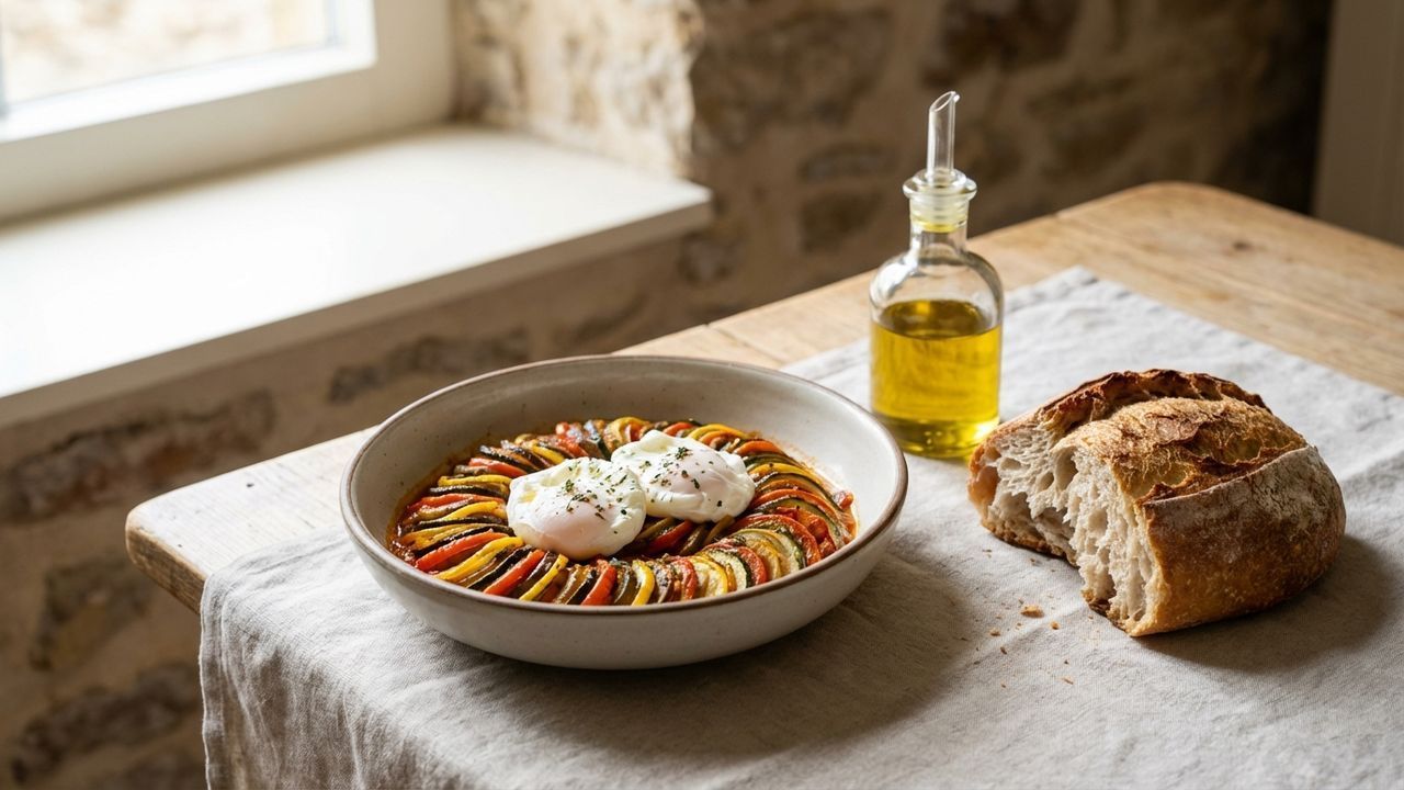 Assiette avec courgette et œufs pochés