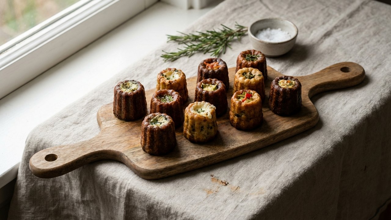 Cannelés salés de différentes variantes : tomate basilic, chèvre miel, champignons bleu et saumon
