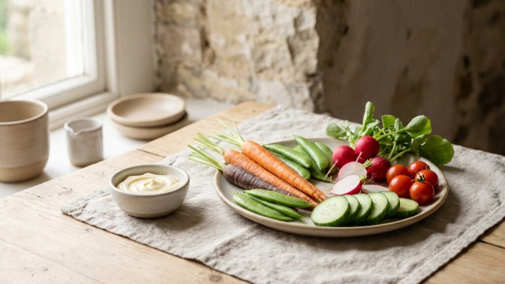 Entrée légère avec crudités fraîches avant un aïoli provençal
