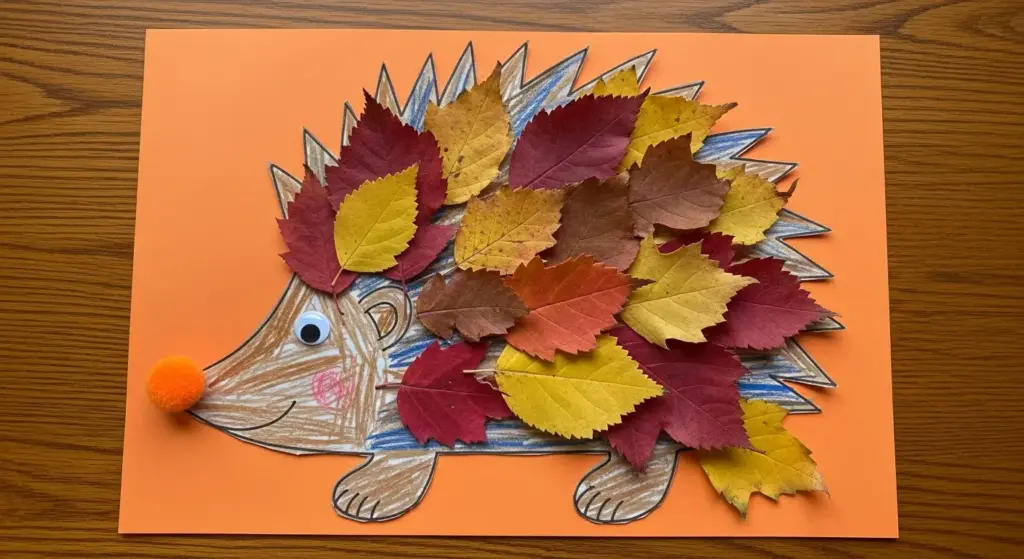 Hérisson recouvert de feuilles d'automne