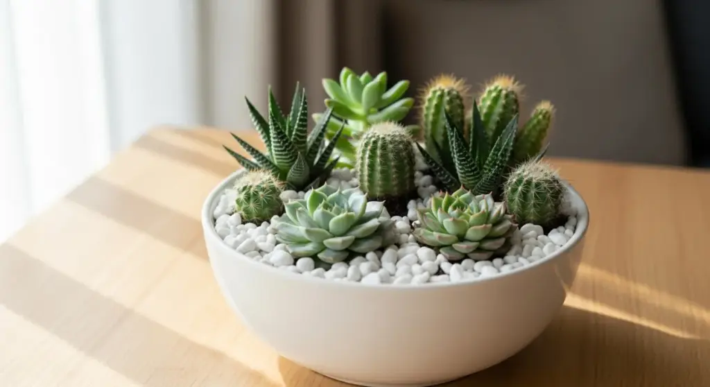 Jardin miniature avec des succulentes et des cactus pour l'intérieur
