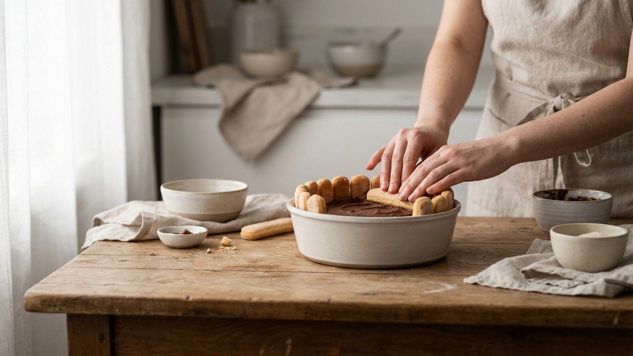Assemblage des couches de biscuits et mousse au chocolat dans le moule
