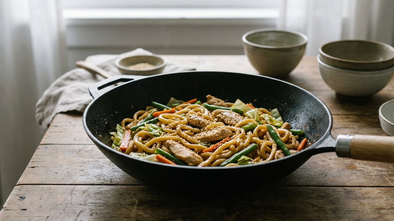 Nouilles chinoises sautées avec restes de poulet