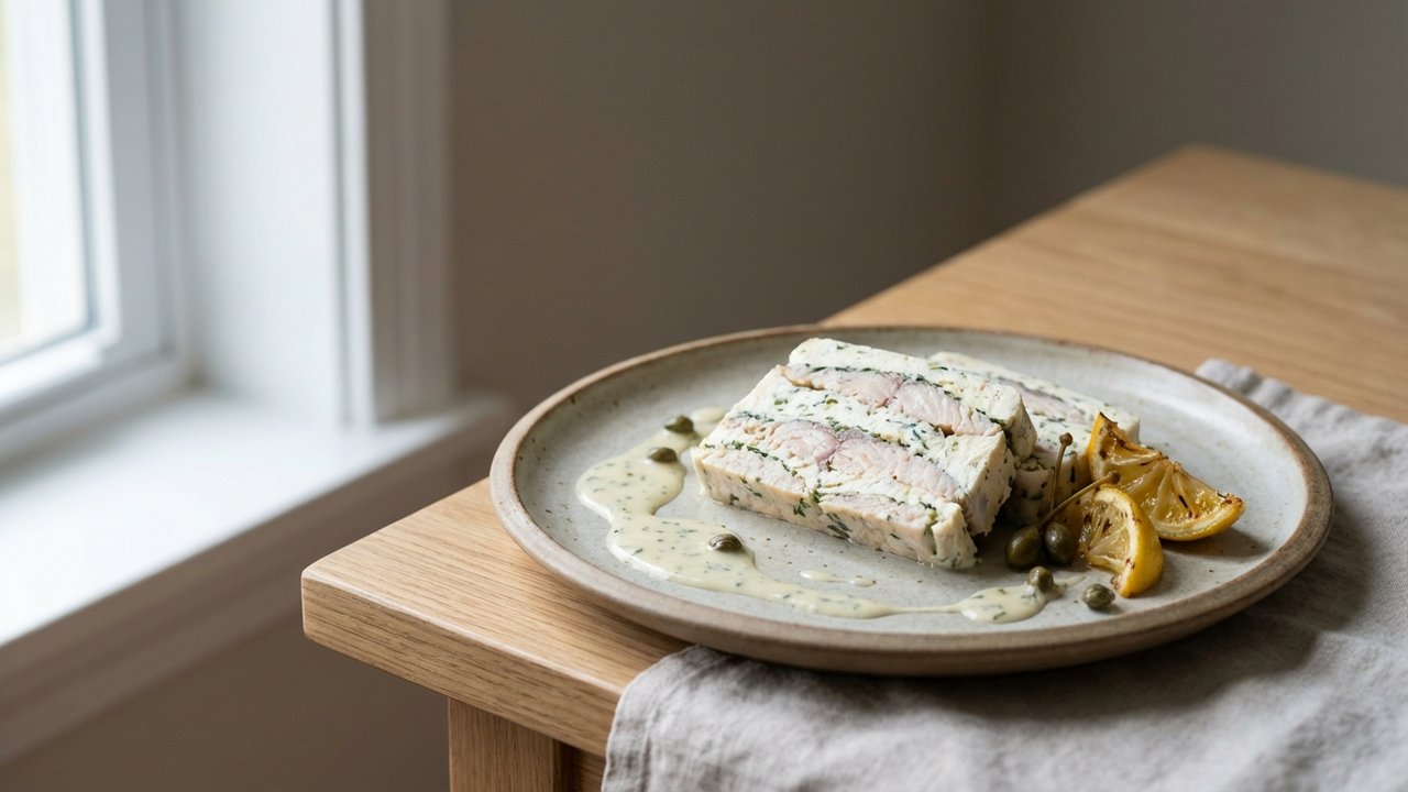 Pain de poisson froid servi avec sauce et accompagnements