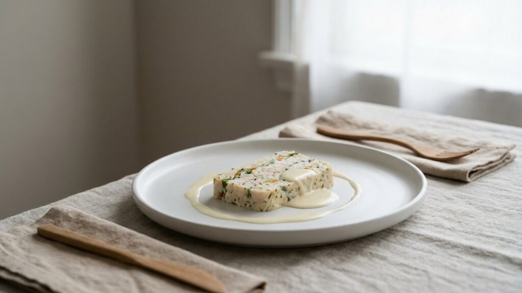Pain de poisson fait maison tranché et présenté sur assiette