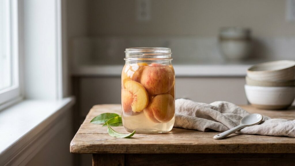Pêches au sirop maison dans un bocal en verre