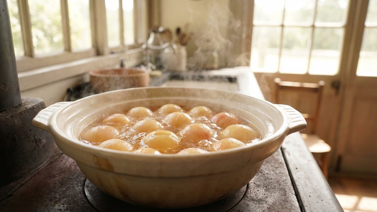 Pêches pochées dans le sirop bouillant pendant la cuisson express