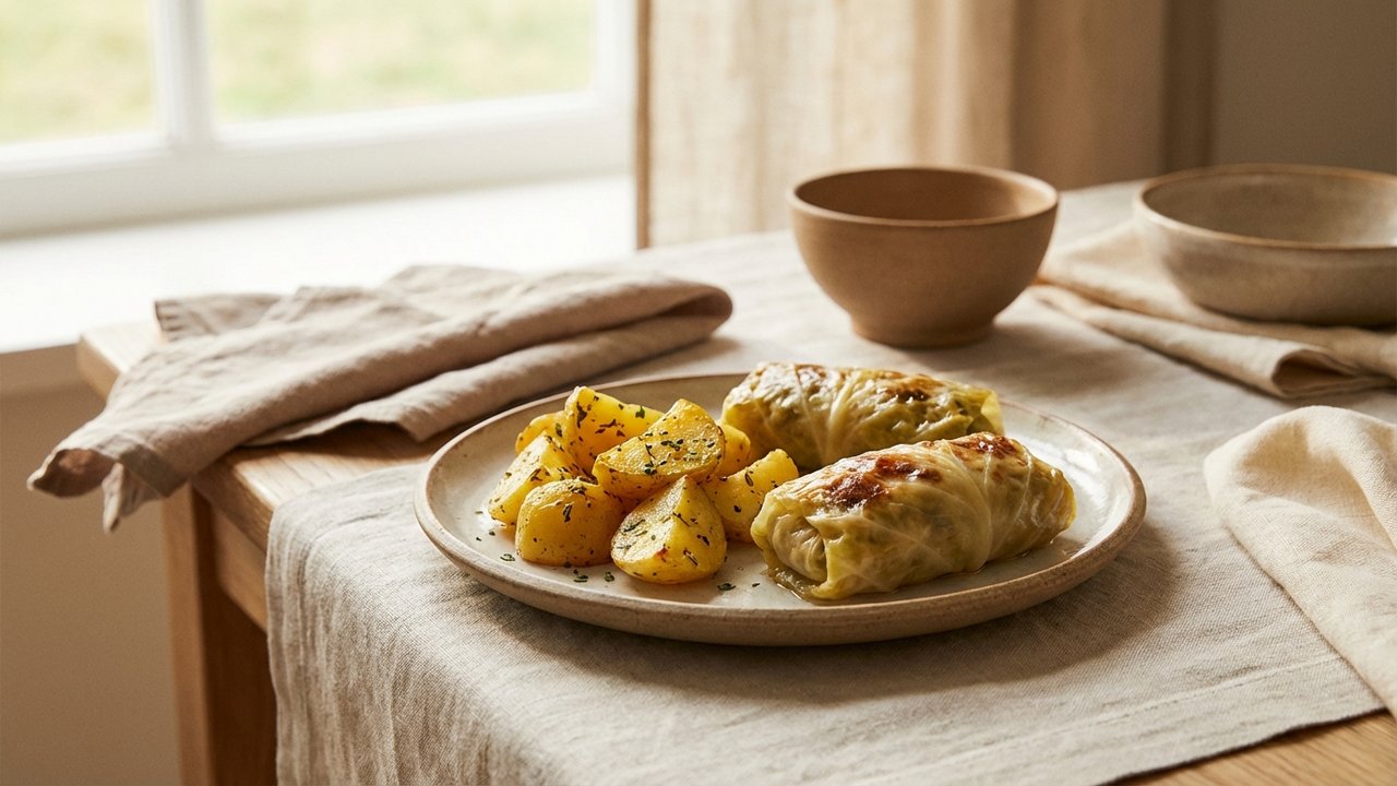 Pommes de terre rôties croustillantes accompagnant un chou farci