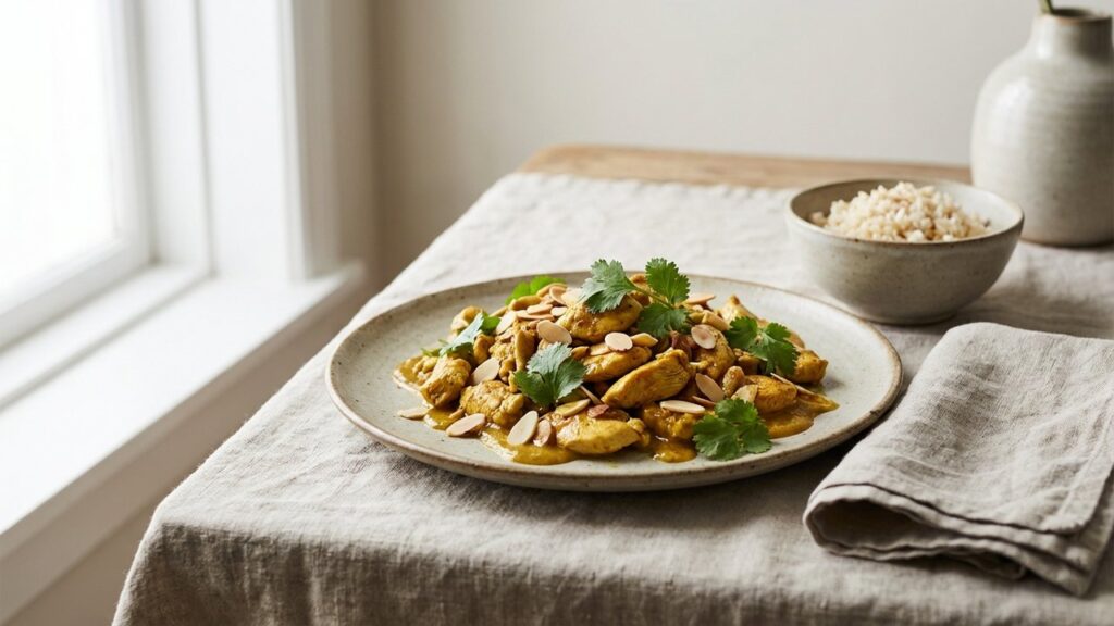 Poulet sauté à l'orientale avec raisins secs et amandes