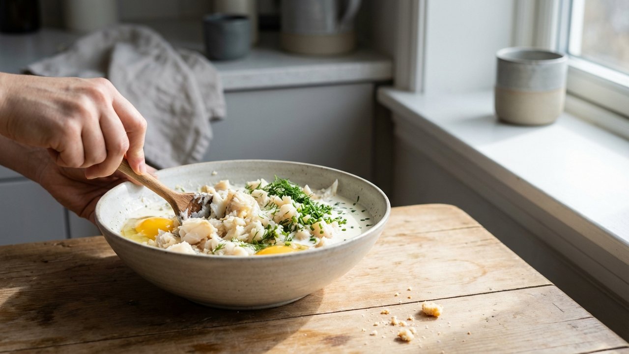 Mélange homogène pour pain de poisson avec œufs et crème