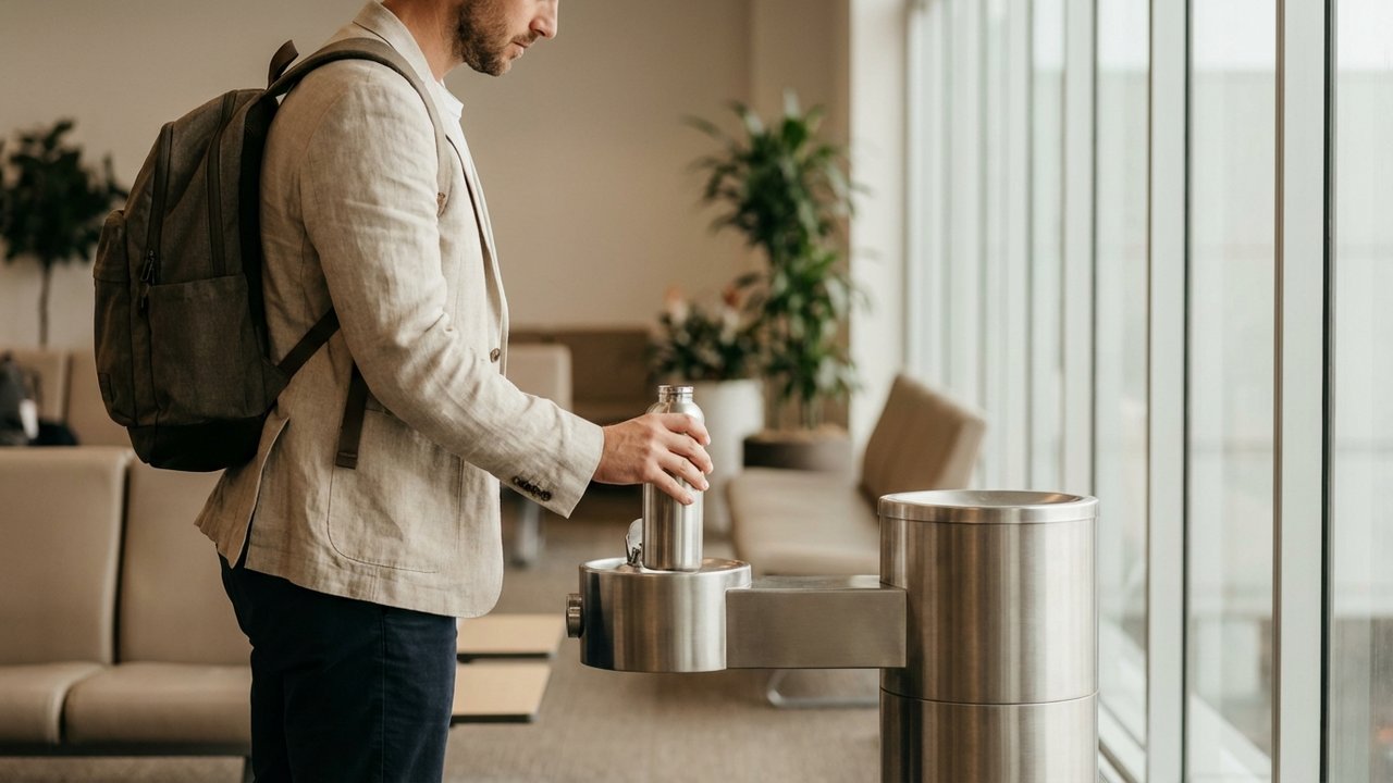 Passager remplissant sa gourde à une fontaine d'eau en zone d'embarquement