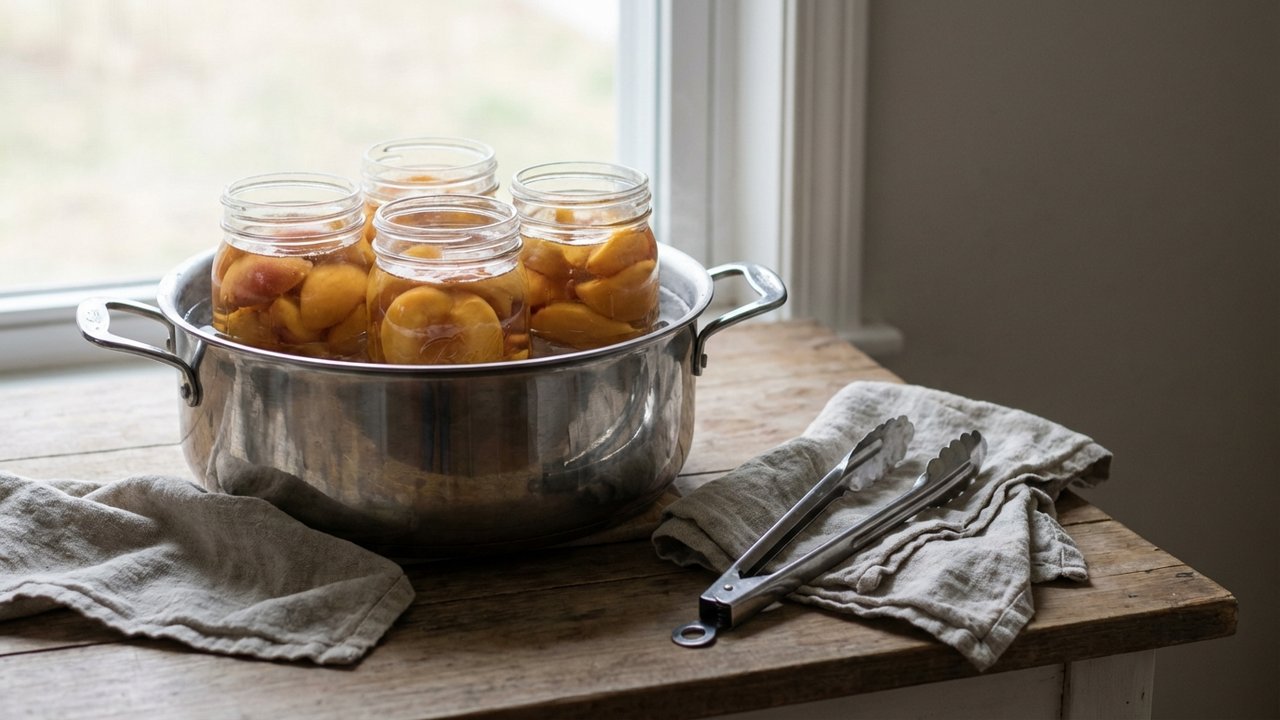 Bocaux de pêches au sirop en cours de stérilisation à l'eau bouillante