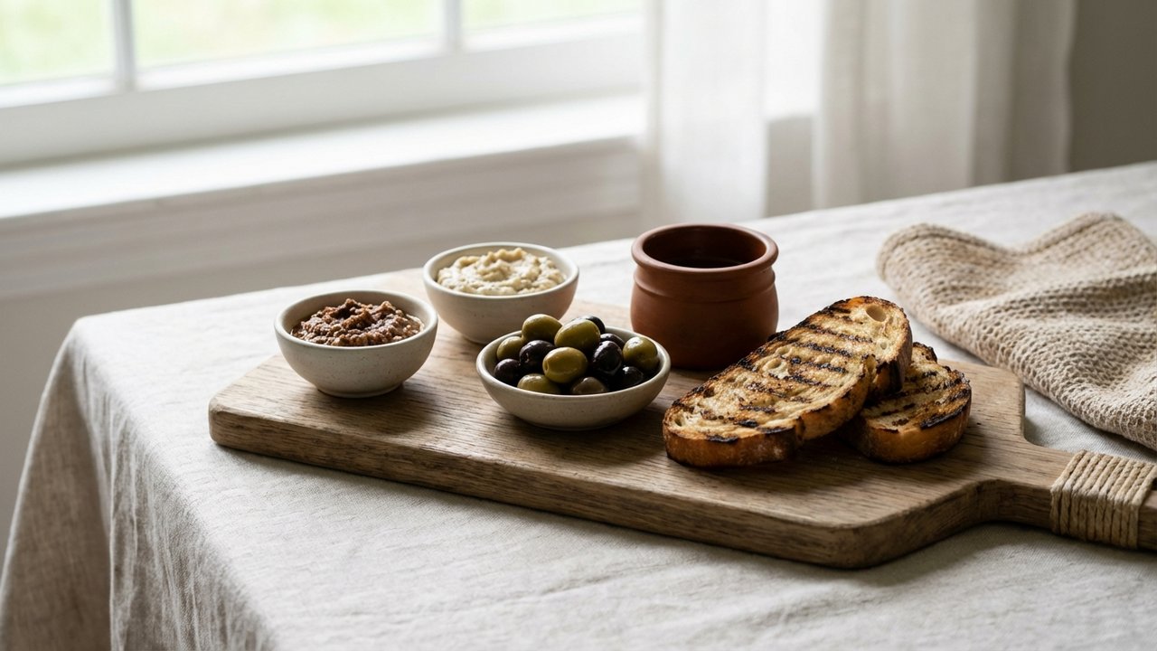 Plateau de tartinades provençales et olives avec pain grillé