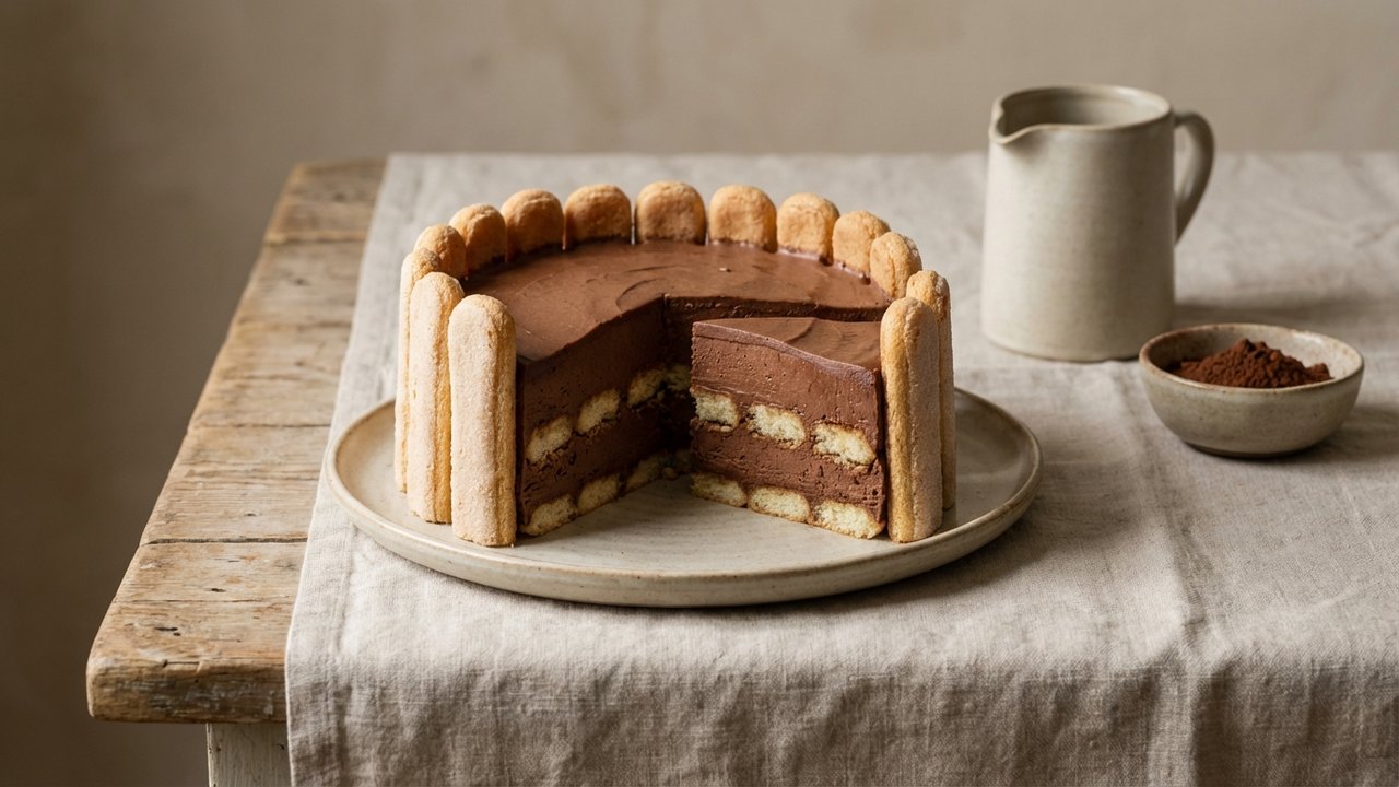 Tranche de charlotte au chocolat montrant les couches de biscuits et mousse