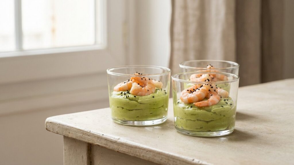 Verrines avocat crevettes garnies de graines de sésame noir
