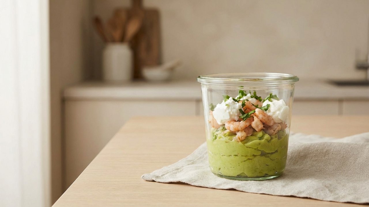 Verrine avocat crevettes multicouches sophistiquée avec ciboulette