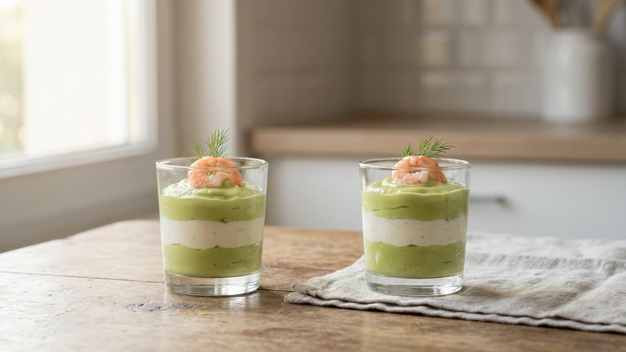 Verrine avocat crevette classique avec crevette rose en décoration