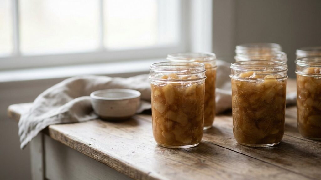 Bocaux de compote de pommes maison en train de refroidir