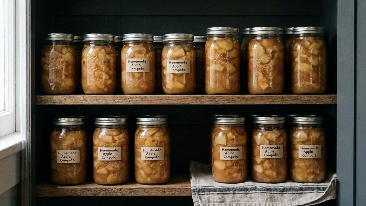 Bocaux de compote de pommes entreposés dans un endroit frais et sec