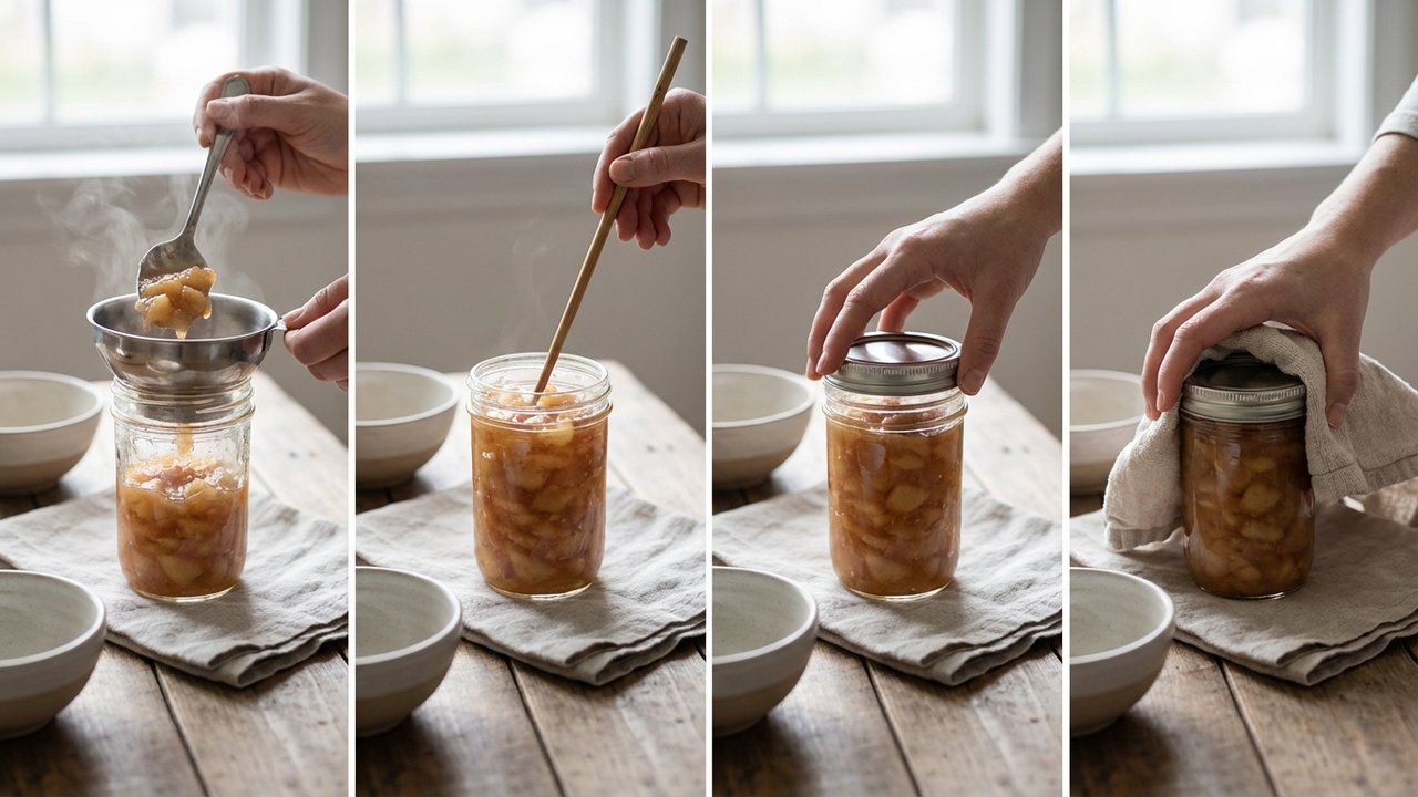 Étapes de remplissage et fermeture des bocaux avec compote chaude