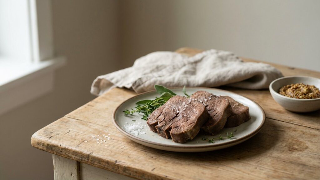 Langue de bœuf cuite et tranchée prête à être servie