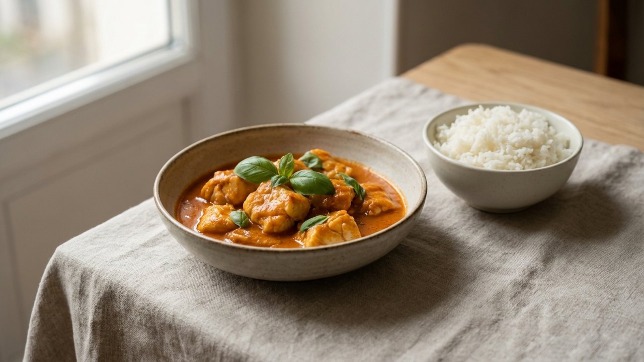Lotte à l'armoricaine dressée en assiette avec riz basmati et cerfeuil