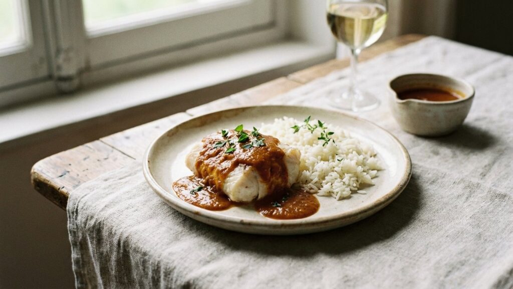 Lotte à l'armoricaine servie avec sa sauce tomate et cognac