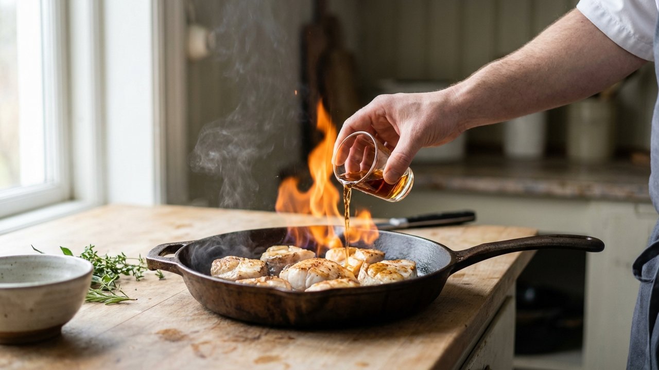 Tranches de lotte flambées au cognac dans une poêle