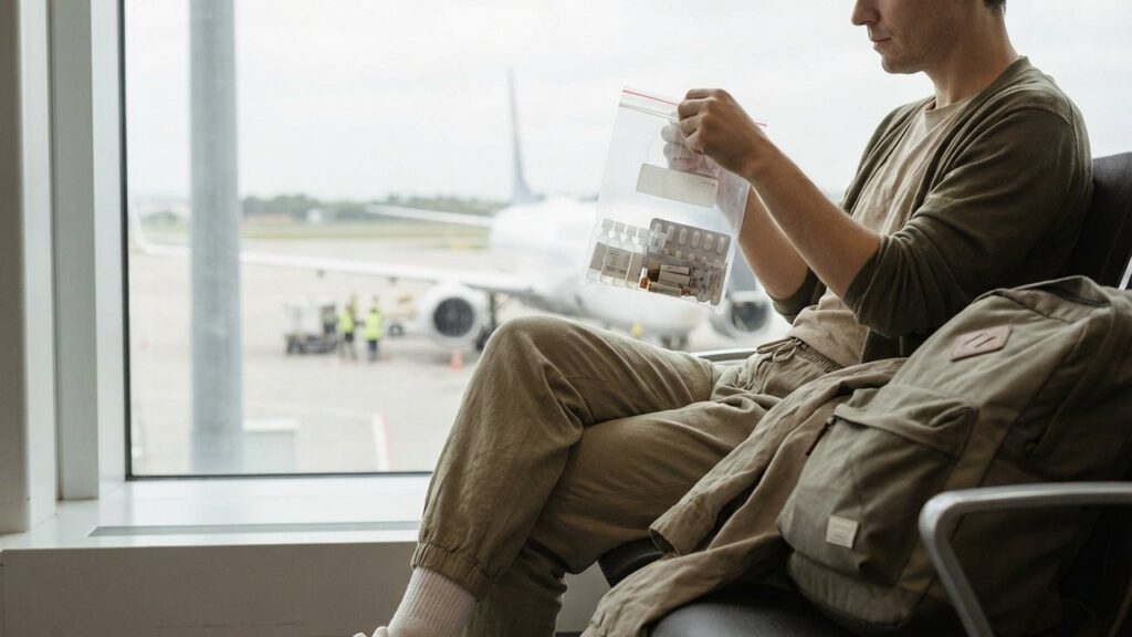 Vérification de médicaments dans un sac transparent avant un vol