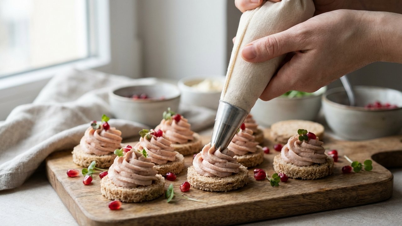 Mousse de jambon à la grenade dressée à la poche à douille sur pain complet