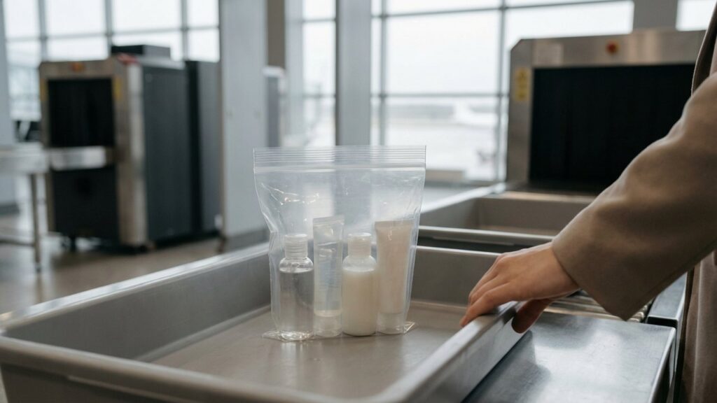 Sac transparent avec flacons de liquides conformes aux règles de l'avion
