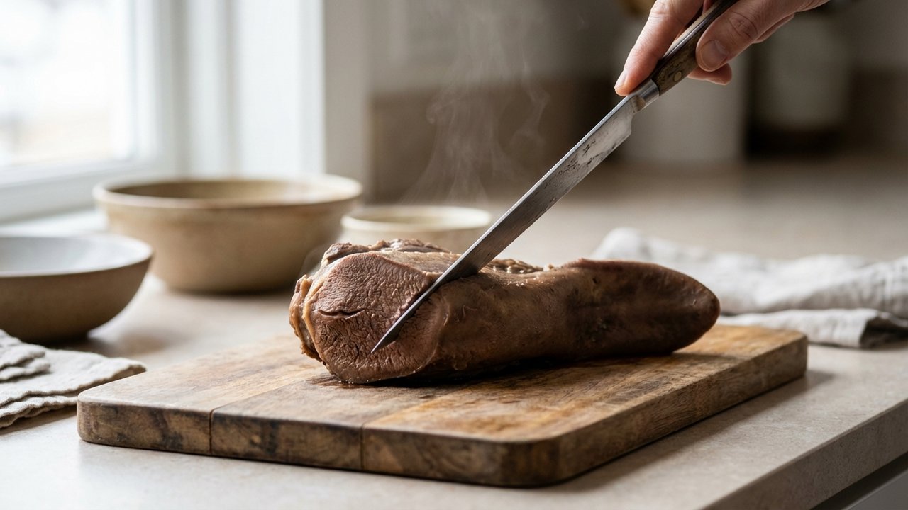 Test de cuisson d'une langue de bœuf avec la pointe d'un couteau