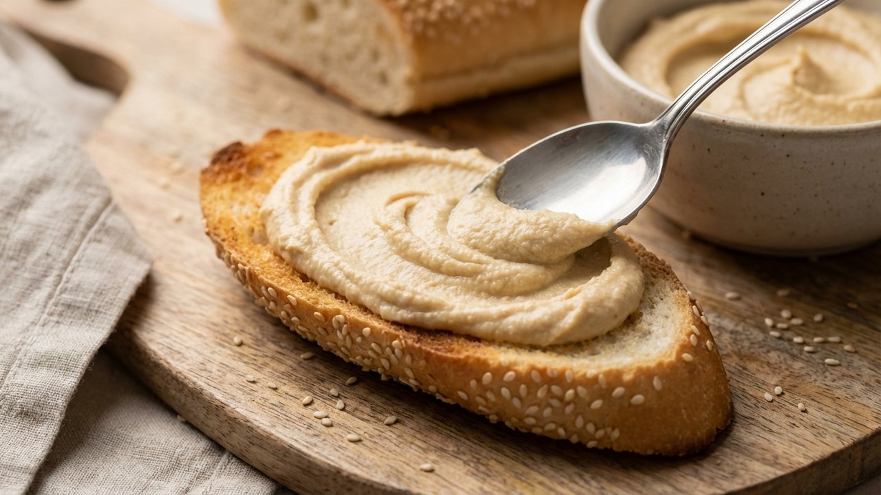 Tartinage de houmous maison sur toast grillé au sésame