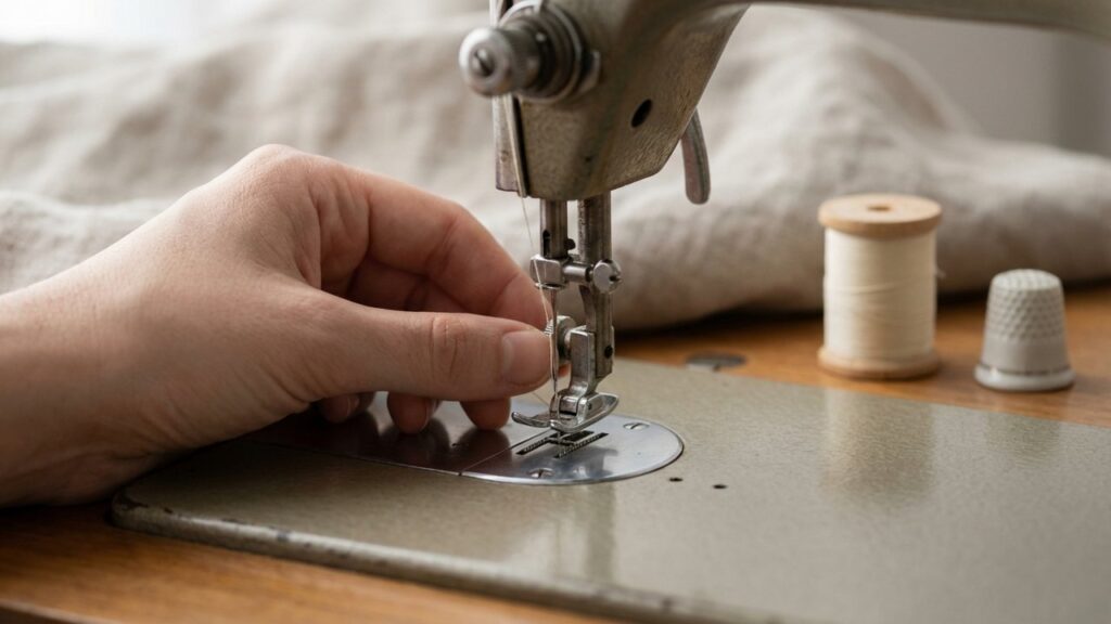 Insertion d'une aiguille dans le porte-aiguille d'une machine à coudre