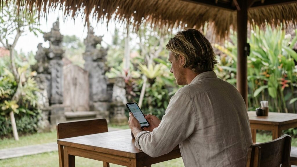 Touriste utilisant une application de transport à Bali