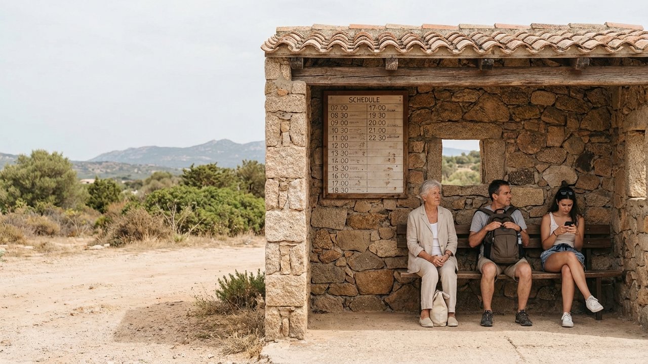 Arrêt de bus ARST en Sardaigne avec horaires affichés