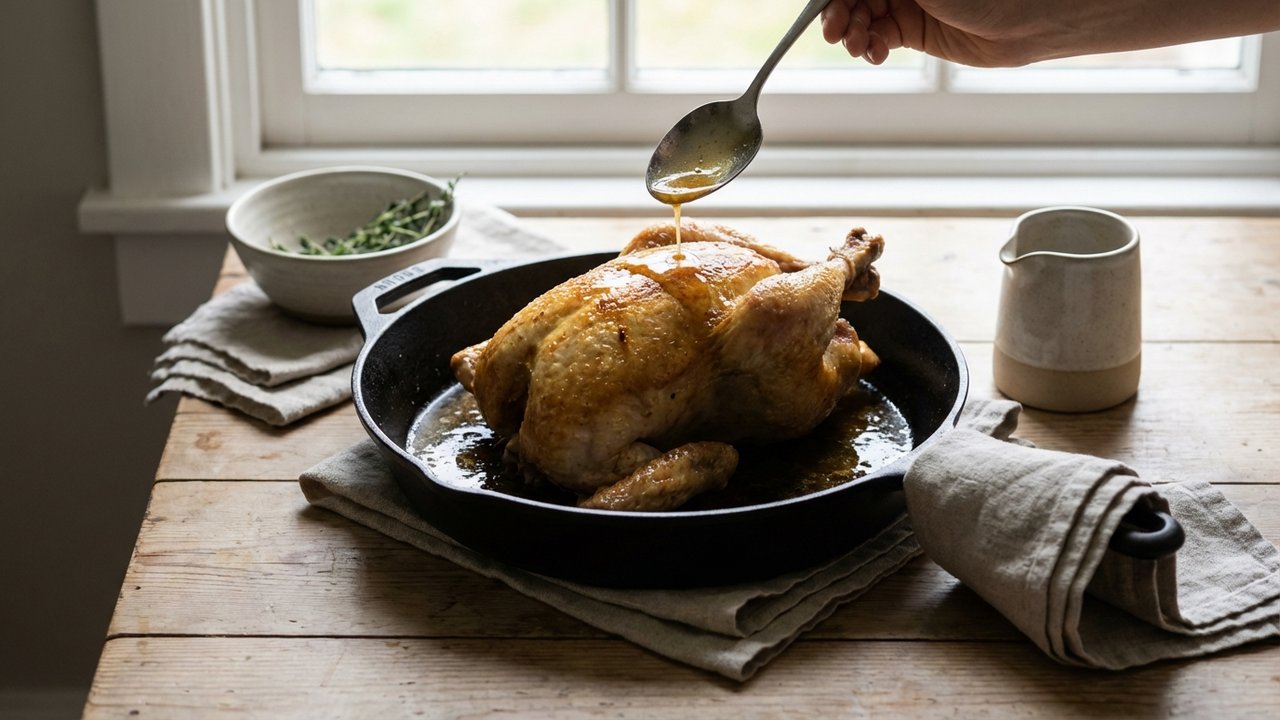 Suprême de pintade dorée arrosée de jus de cuisson à la poêle