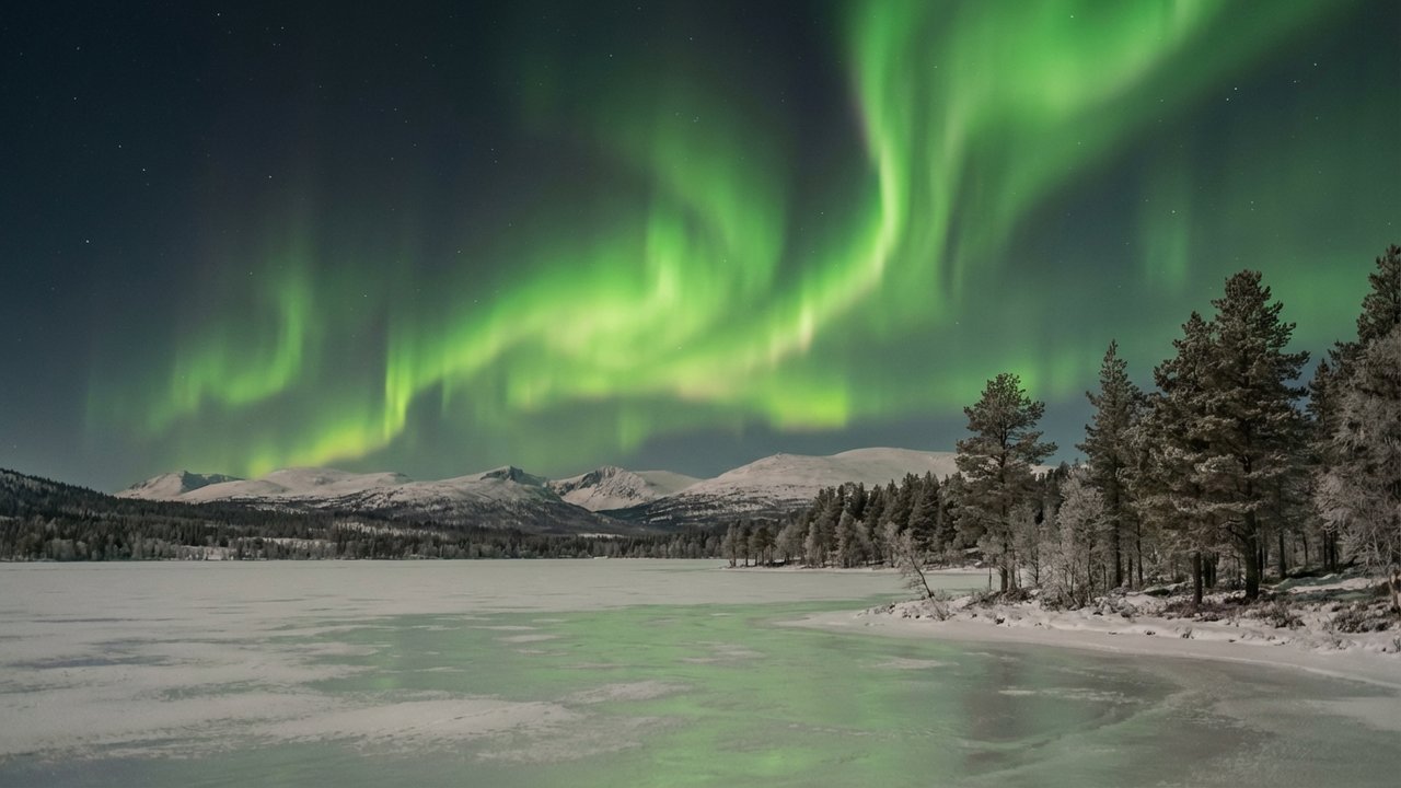 Aurore boréale verte brillante se reflétant sur un paysage gelé en Laponie