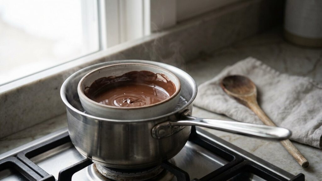 Bain-marie avec bol de chocolat fondu sur casserole d'eau frémissante