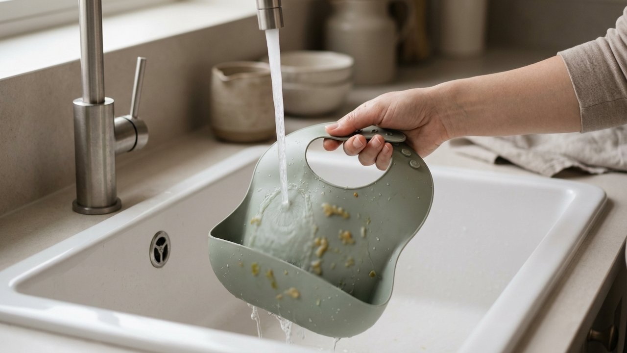 Bavoir bébé en silicone rincé sous l'eau courante