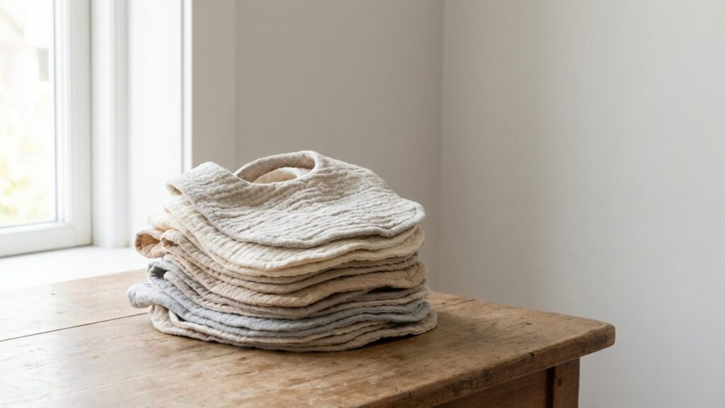 Pile de bavoirs bébé en coton doux de couleurs neutres