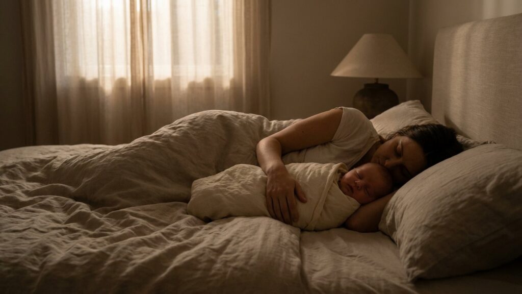 Bébé de 1 mois allaité dormant paisiblement auprès de sa mère