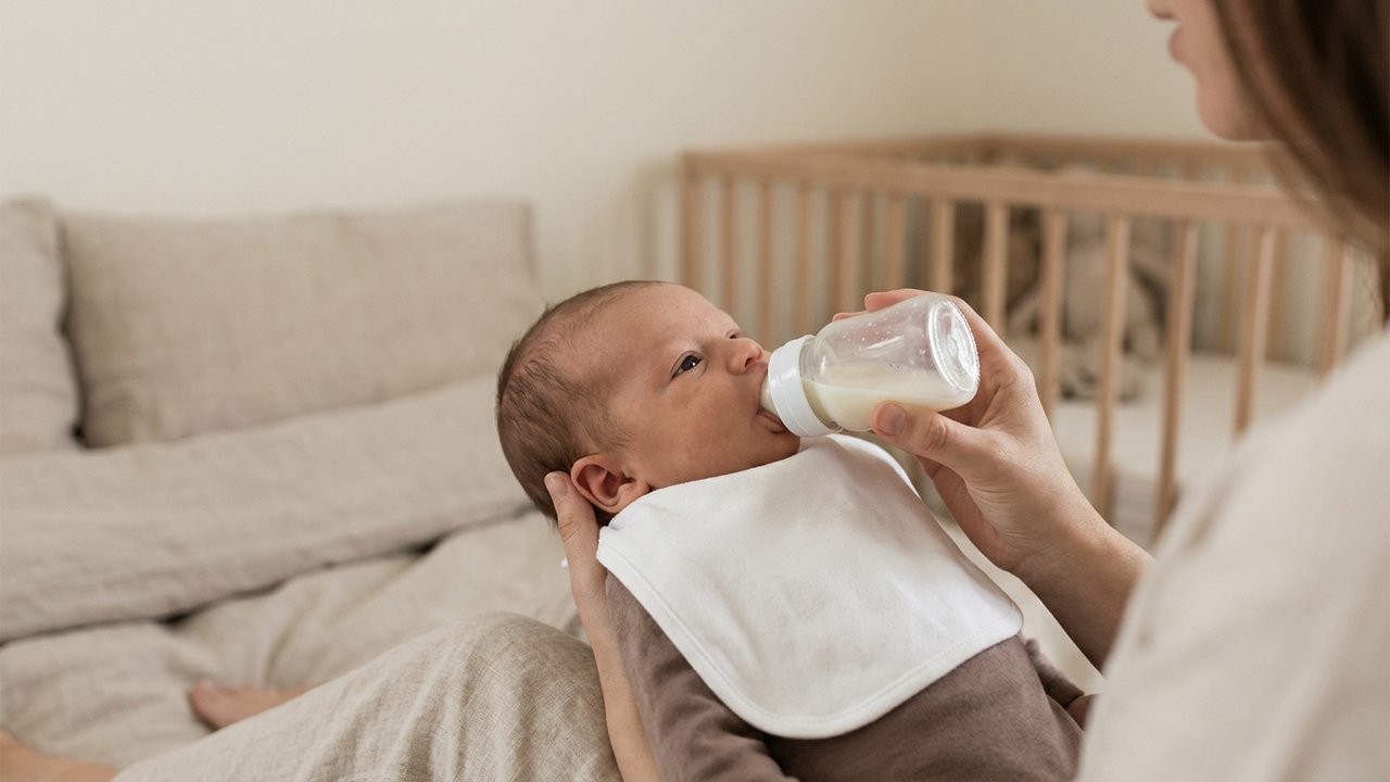 Nouveau-né portant un bavoir blanc pendant l'allaitement