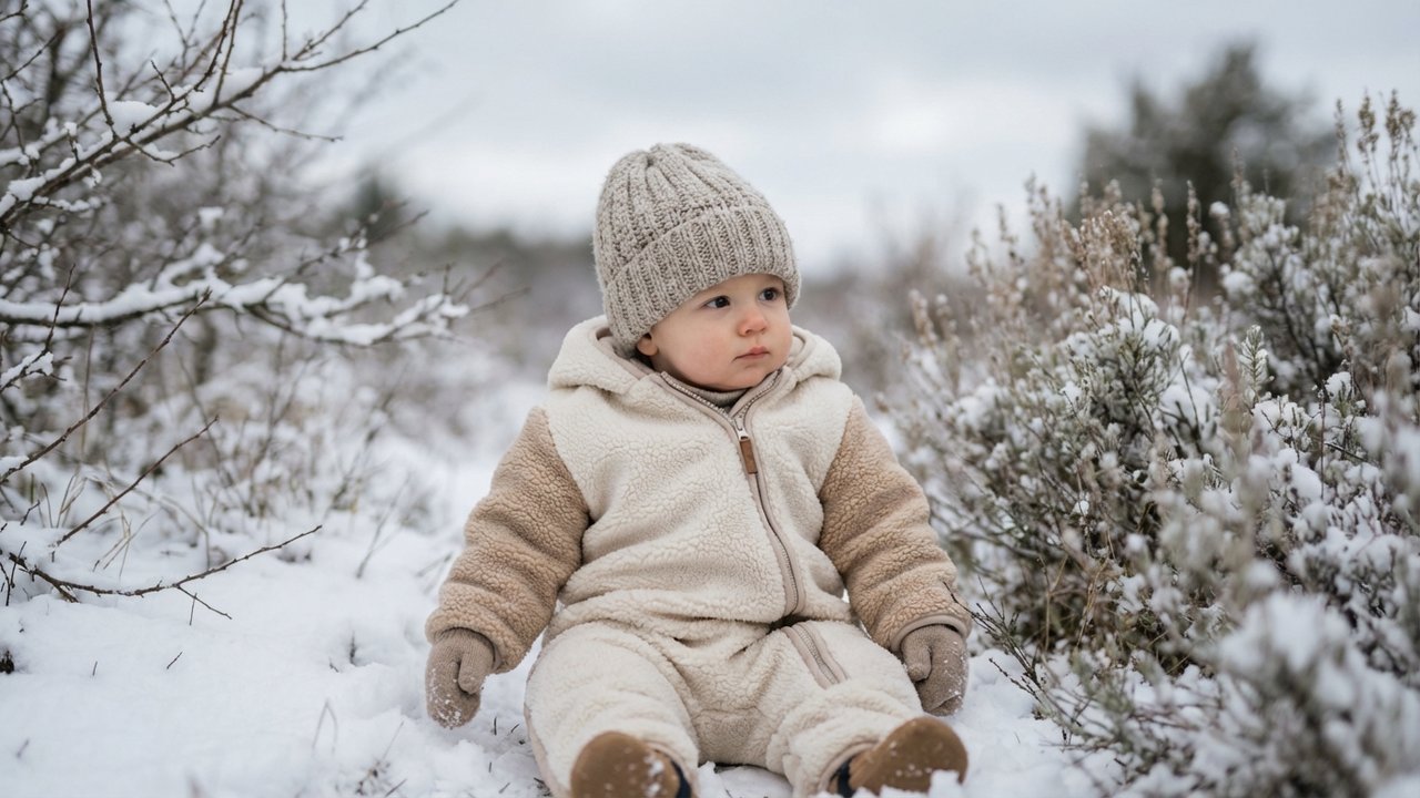 Bébé équipé d'un bonnet et de moufles pour sortir par grand froid