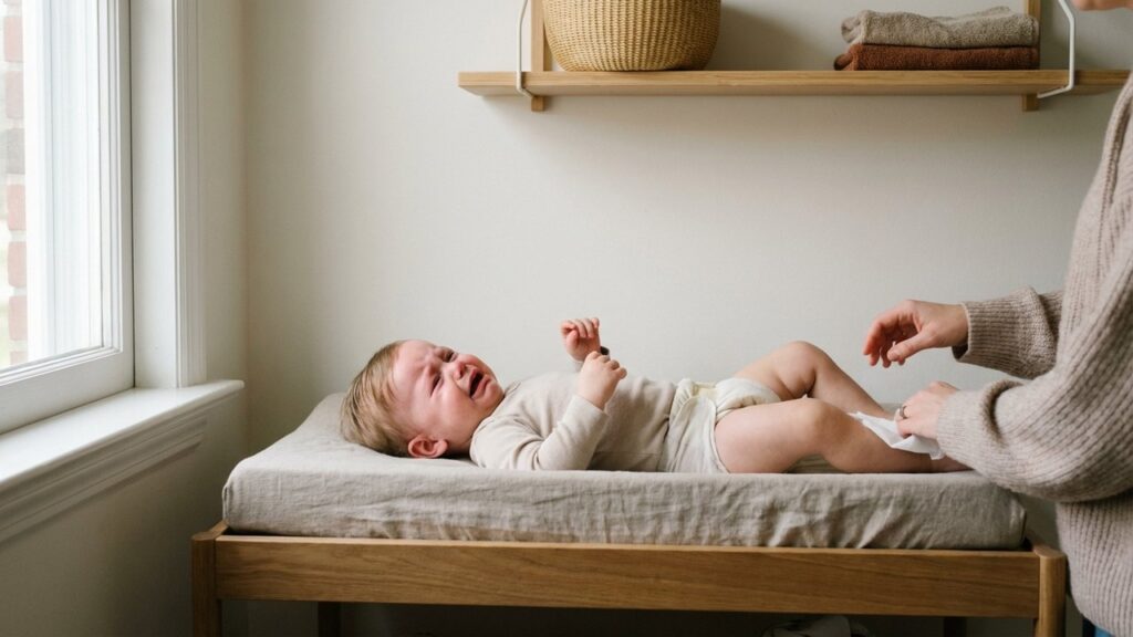 Bébé de 18 mois qui pleure pendant le change de couche