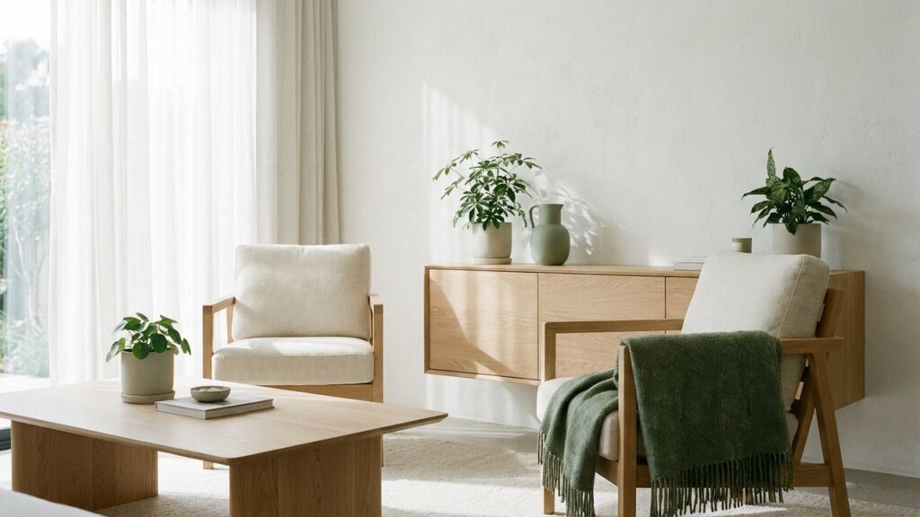 Intérieur avec bois clair associé à des couleurs neutres et du vert sauge