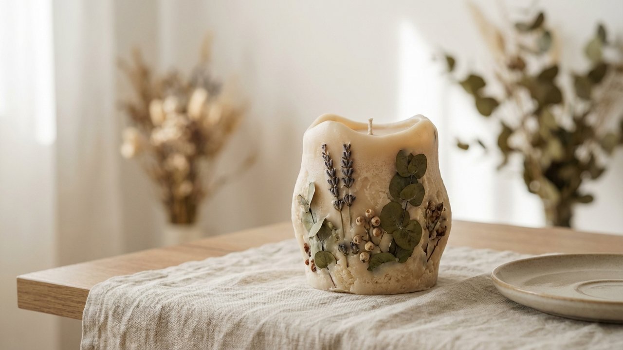 Bougie maison décorée avec texture crumble et inclusions botaniques