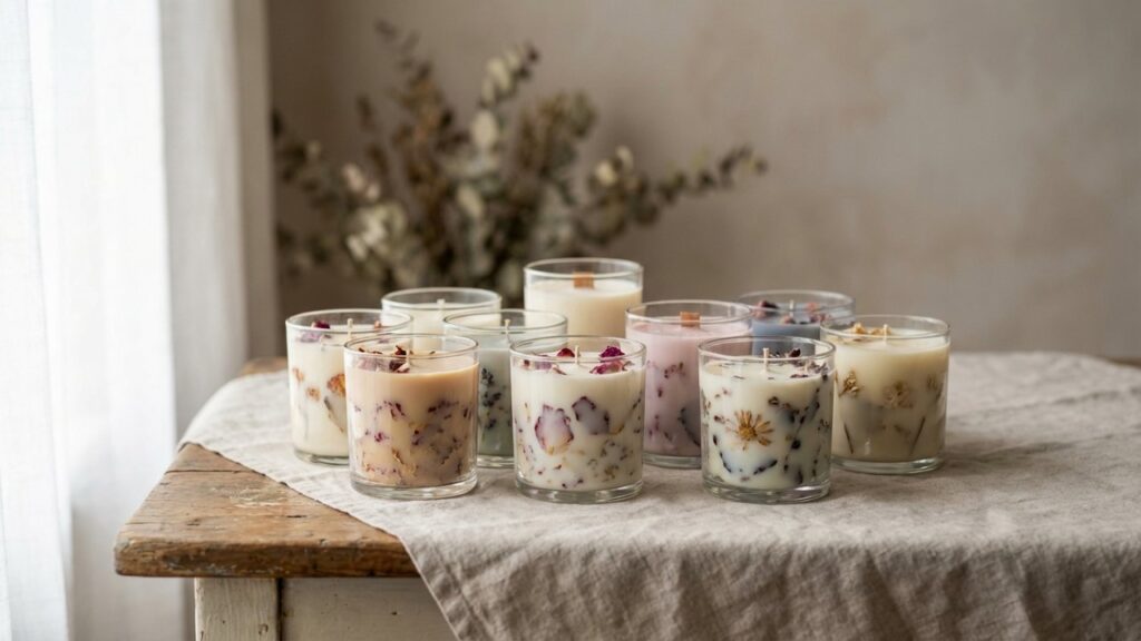 Bougies maison colorées décorées avec des fleurs séchées