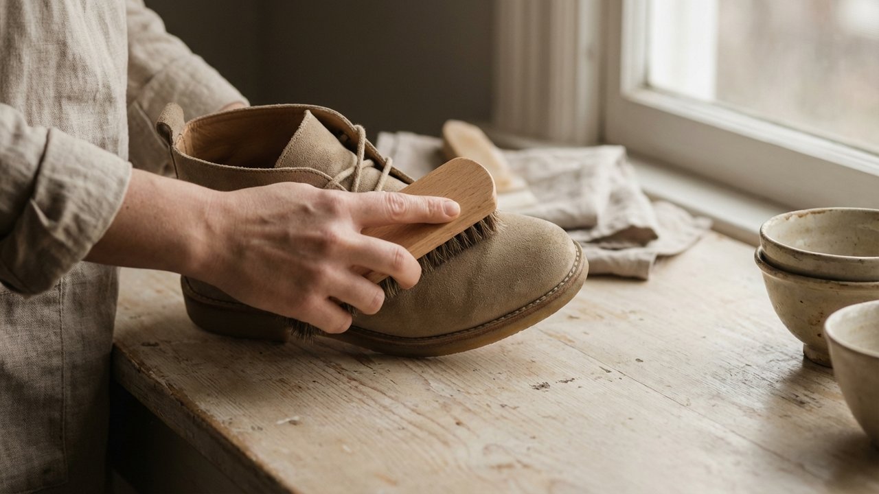 Brossage régulier d'une chaussure en nubuck pour éliminer la poussière